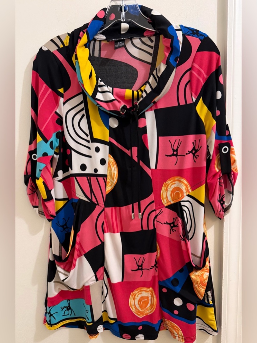 Michael Tyler Abstract Print Pink Multi-Color Cowl Neck Women’s Long Top